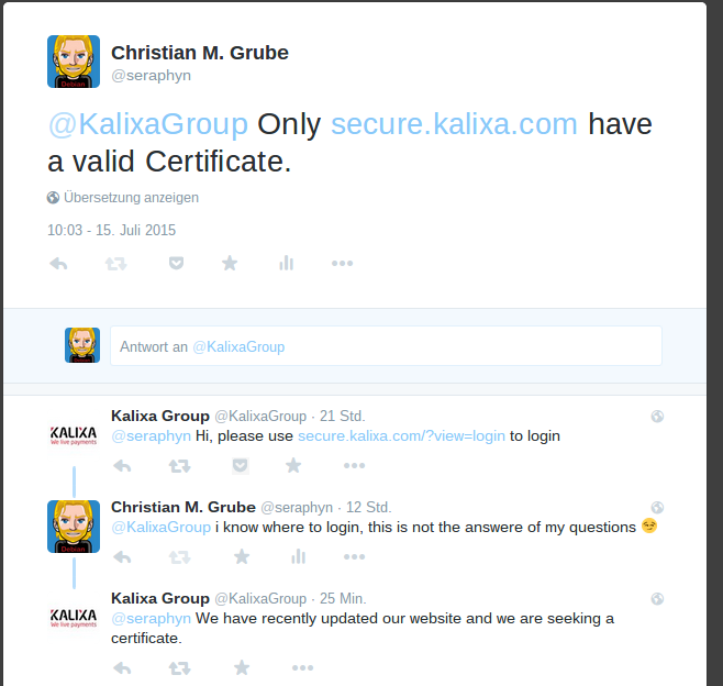Kalixa sucht das Zertifikat