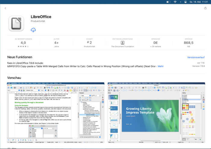 LibreOffice-App-Seite auf einer Software-Vertriebsplattform mit einer 4.0-Sterne-Bewertung, über 4 Jahre alt, Platz 2 in den Produktivitäts-Charts, entwickelt von The Document Foundation, Größe 868,5 MB. Version 7.6.6 vom 18.5.2024